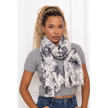 Echarpe laine fleuri blanc
