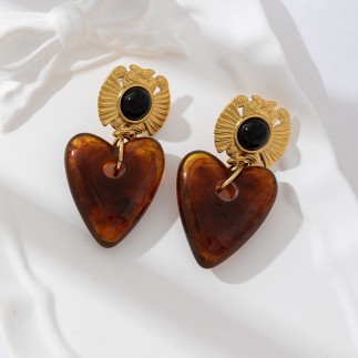 Boucles d'oreilles coeur pierre marron