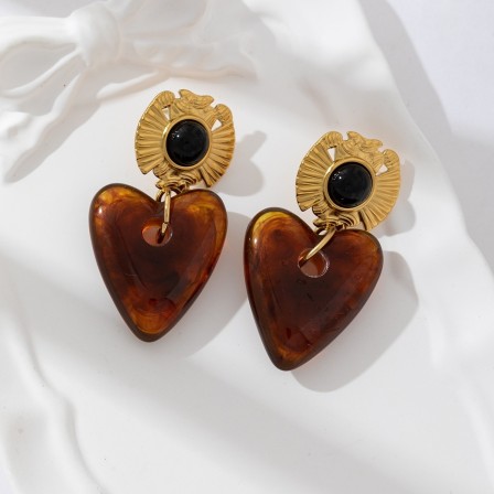Boucles d'oreilles coeur pierre marron