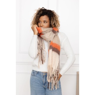 Echarpe grosses franges carreaux camel