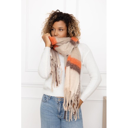 Echarpe grosses franges carreaux camel