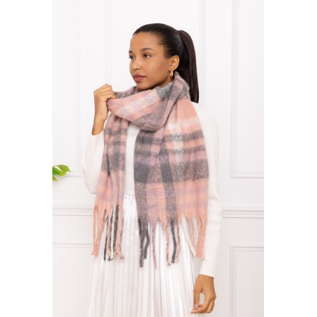 Echarpe frange et carreaux rose