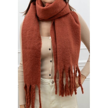 Echarpe unie grosses franges brique