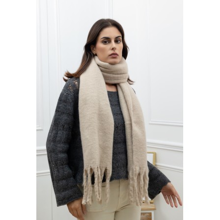 Echarpe unie grosses franges beige