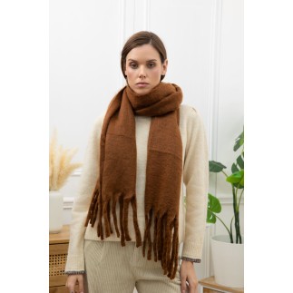 Echarpe unie grosses franges chocolat