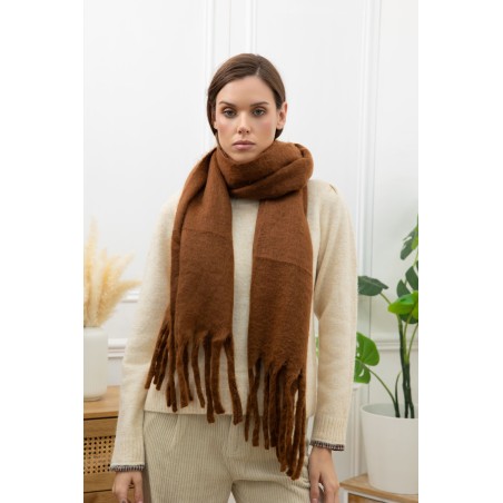 Echarpe unie grosses franges chocolat