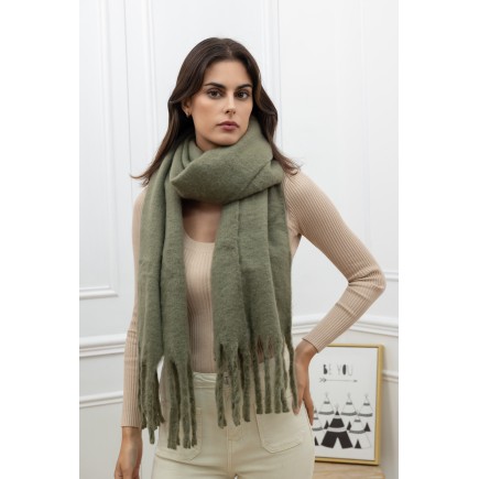 Echarpe unie grosses franges kaki