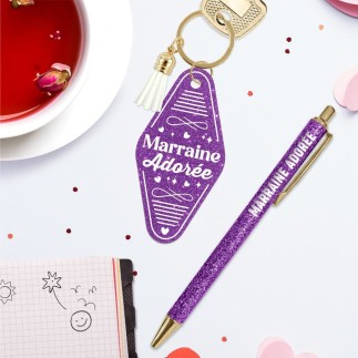 Duo Paillettes Porte Cles Motel Et Stylo Marraine Adoree