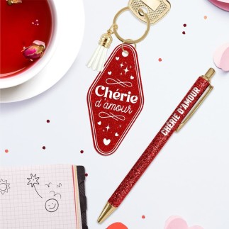 Duo Paillettes Porte Cles Motel Et Stylo Cherie D Amour