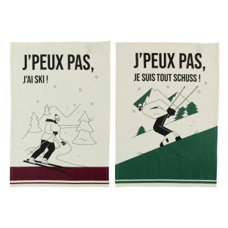 Set de 2 torchons skieurs vert et bordeaux
