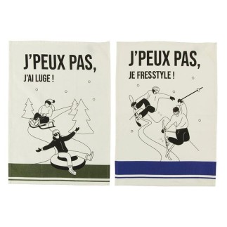 Set de 2 torchons skieurs gris/bleu roi