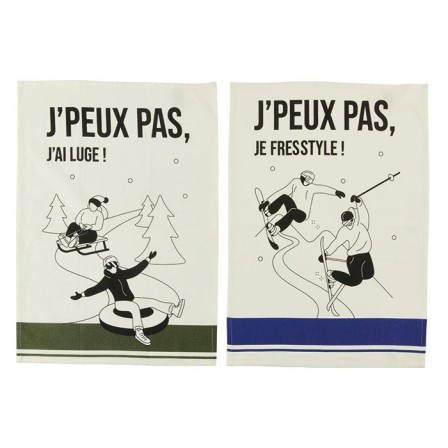 Set de 2 torchons skieurs gris/bleu roi