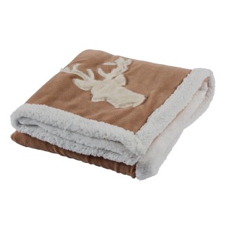 Plaid camel avec tête de cerf en fourrure blanche