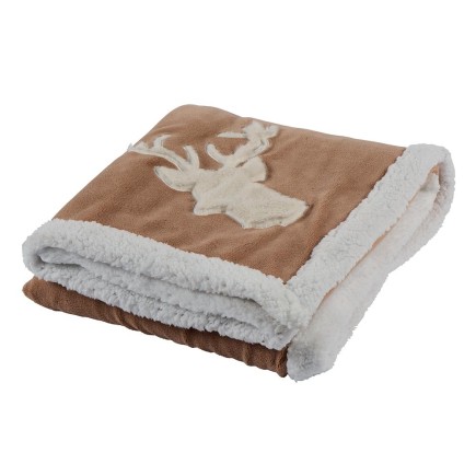 Plaid camel avec tête de cerf en fourrure blanche