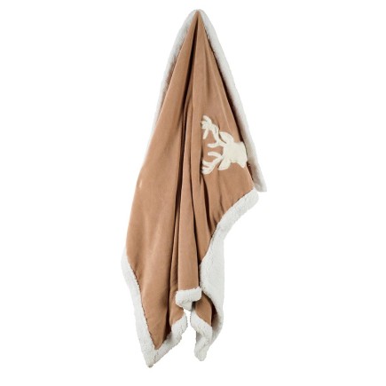 Plaid camel avec tête de cerf en fourrure blanche