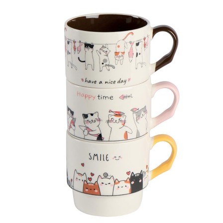 Set de 3 mugs motifs chats et poissons