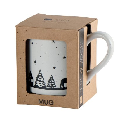 Mug bicolore chocolat chalets, cerf et sapins
