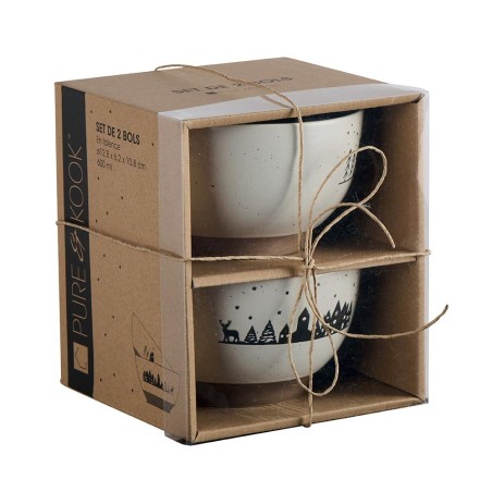 Set de 2 bols bicolores chocolat chalets, sapins et cerf