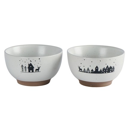 Set de 2 bols bicolores chocolat chalets, sapins et cerf