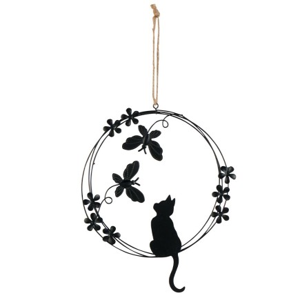 Plaque murale ronde avec décor chat papillons