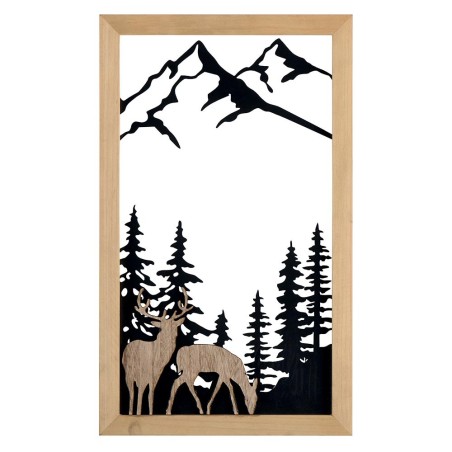 Cadre ajouré décor montagne, sapins et cerfs
