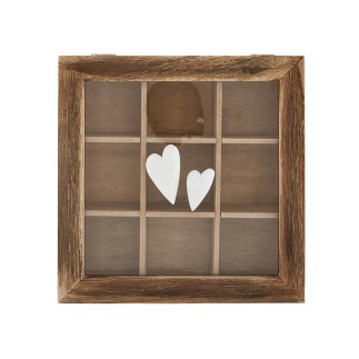 Boîte en bois dessus vitré avec 2 coeurs blancs