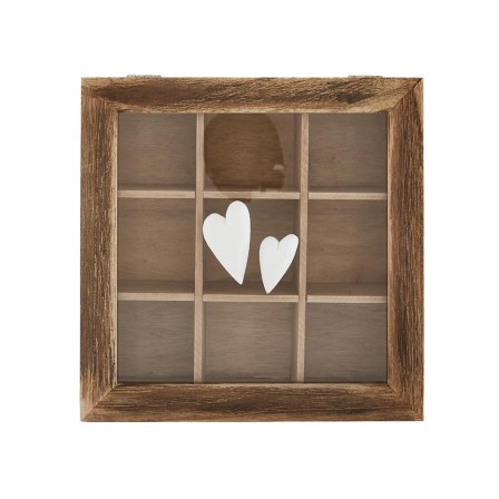 Boîte en bois dessus vitré avec 2 coeurs blancs