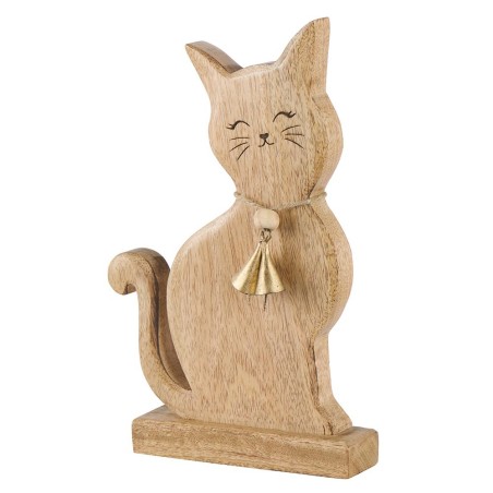 Chat assis en bois avec collier et cloche