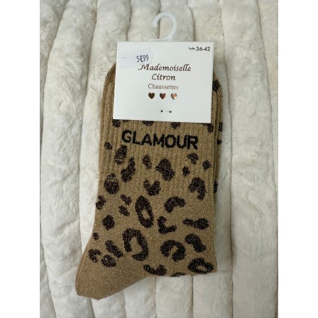 Chaussettes Paillettes Glamour Léopard Camel
