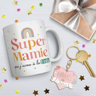 Coffret mug porte cle "mamie cherie" a paillettes