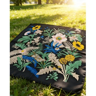 Carré effet soie 70x70cm fleurs et feuillages noir