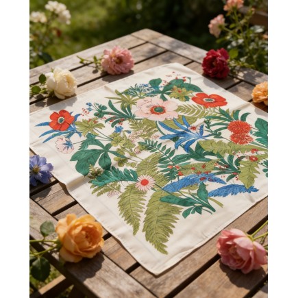 Carré effet soie 70x70cm fleurs et feuillages ecru