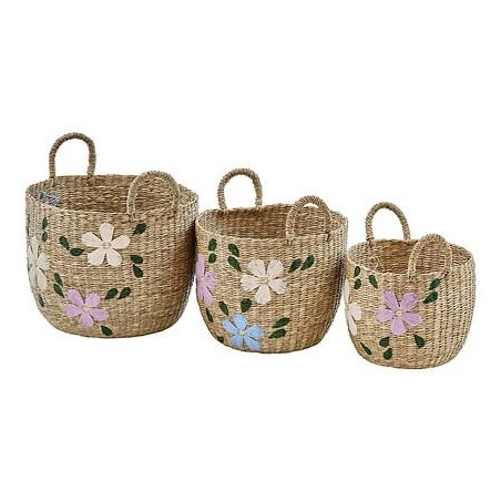 Lot de 3 paniers Sauv roseau brodé fleur